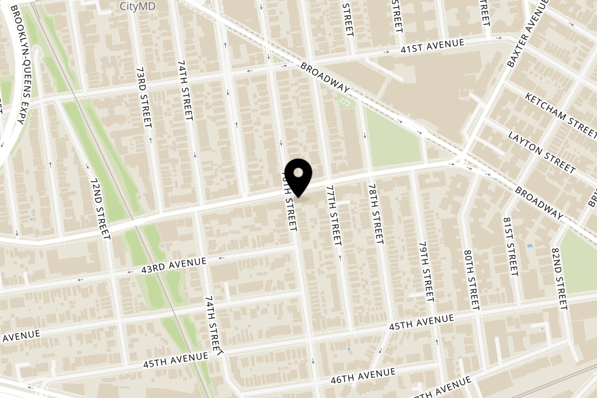 Map showing the location of Zaab Zaab Woodside on 76-04 Woodside Ave in Elmhurst